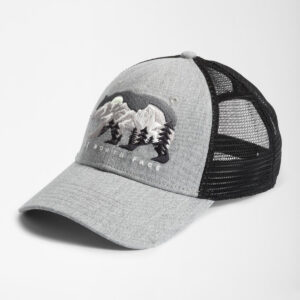 Gorra The North Face Trucker Gris con Diseño de Montañas y Oso